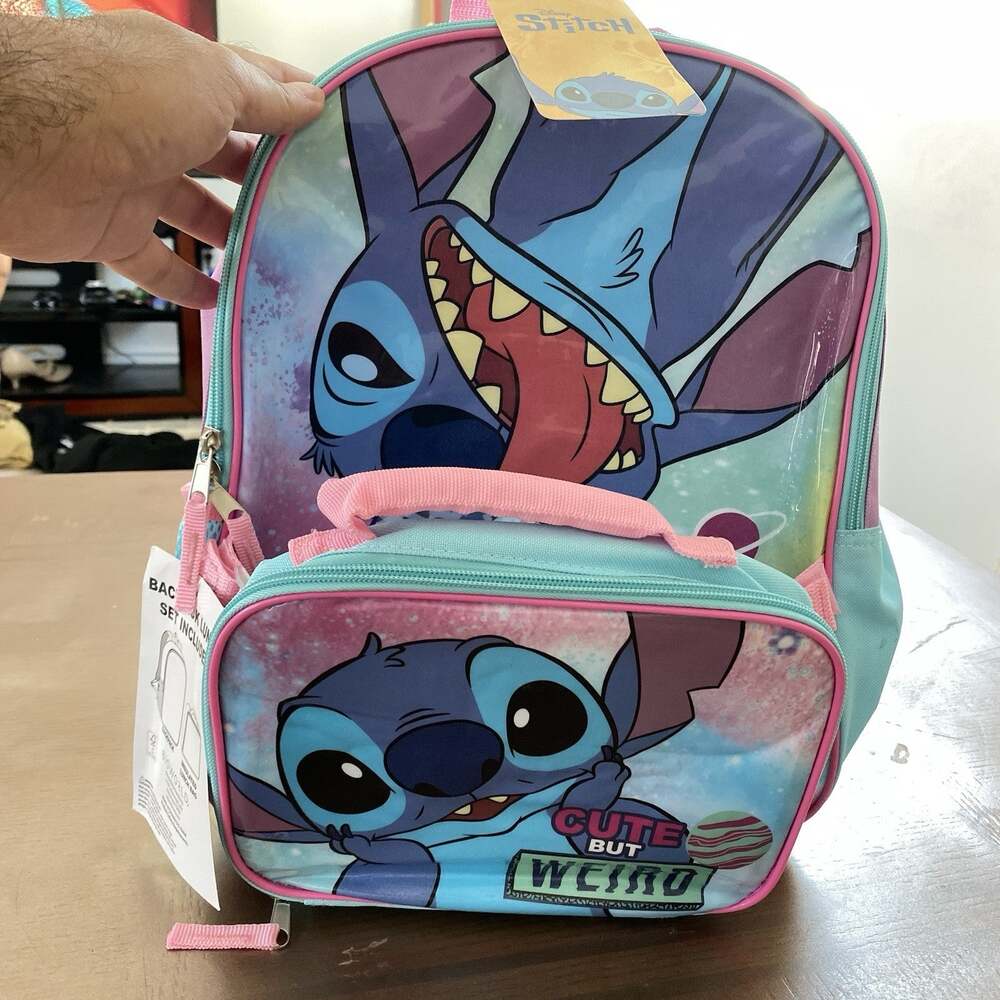 Disney Stitch Small Kids Backpack & Insulated Lunch Bag Set Blue Pink Purple